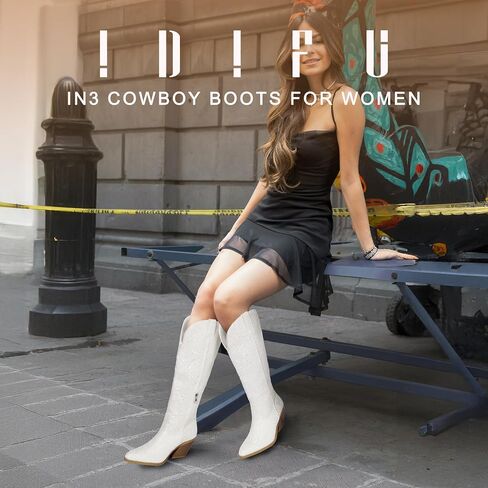 IDIFU IN3 Sparkly Cowboy Cowgirl Boots for Women Knee High Tall Long Glitter Dress Low Chunky Block Heel Sequin Sparkle Wedding Party Date Bride Ladies Bling Shiny Boots in Kuwait