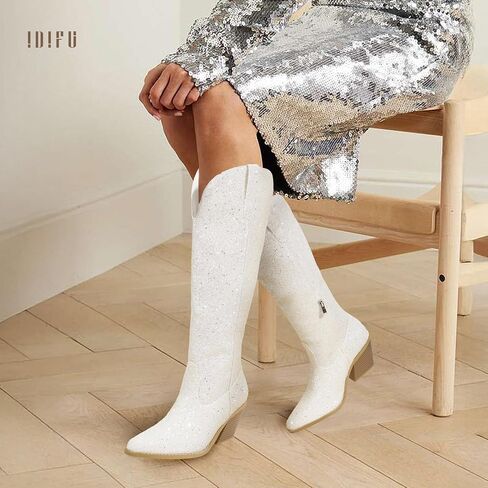 IDIFU IN3 Sparkly Cowboy Cowgirl Boots for Women Knee High Tall Long Glitter Dress Low Chunky Block Heel Sequin Sparkle Wedding Party Date Bride Ladies Bling Shiny Boots in Kuwait