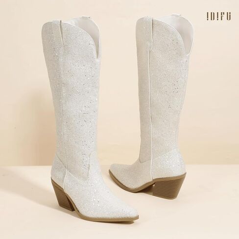 IDIFU IN3 Sparkly Cowboy Cowgirl Boots for Women Knee High Tall Long Glitter Dress Low Chunky Block Heel Sequin Sparkle Wedding Party Date Bride Ladies Bling Shiny Boots in Kuwait