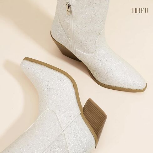 IDIFU IN3 Sparkly Cowboy Cowgirl Boots for Women Knee High Tall Long Glitter Dress Low Chunky Block Heel Sequin Sparkle Wedding Party Date Bride Ladies Bling Shiny Boots in Kuwait