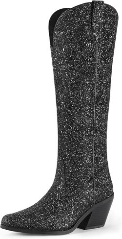IDIFU IN3 Sparkly Cowboy Cowgirl Boots for Women Knee High Tall Long Glitter Dress Low Chunky Block Heel Sequin Sparkle Wedding Party Date Bride Ladies Bling Shiny Boots in Kuwait