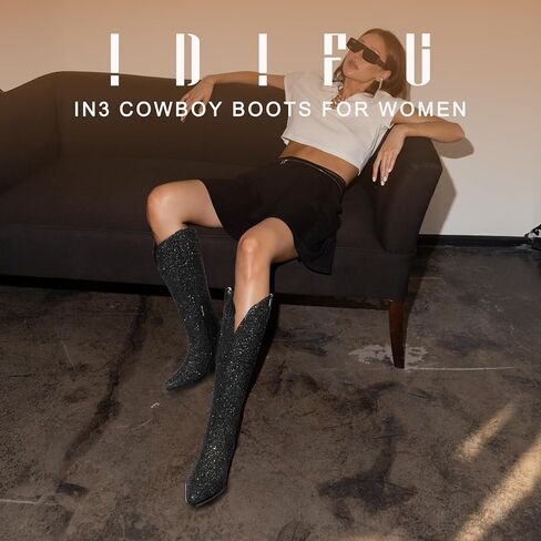 IDIFU IN3 Sparkly Cowboy Cowgirl Boots for Women Knee High Tall Long Glitter Dress Low Chunky Block Heel Sequin Sparkle Wedding Party Date Bride Ladies Bling Shiny Boots in Kuwait