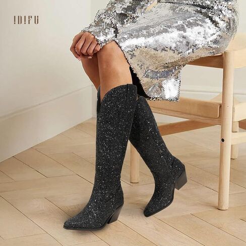 IDIFU IN3 Sparkly Cowboy Cowgirl Boots for Women Knee High Tall Long Glitter Dress Low Chunky Block Heel Sequin Sparkle Wedding Party Date Bride Ladies Bling Shiny Boots in Kuwait