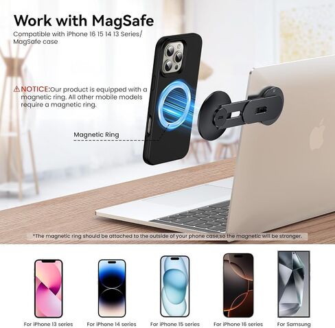 حامل هاتف الكمبيوتر المحمول ، حامل الهاتف المغناطيسي 15 واط ، شاحن لاسلكي سريع سريع لـ Magsafe لـ iPhone 16/15/14/13/12 وجميع الهواتف لـ Tesla ، حامل جانب الكمبيوتر القابل للتعديل 180 درجة (Silver) in Kuwait