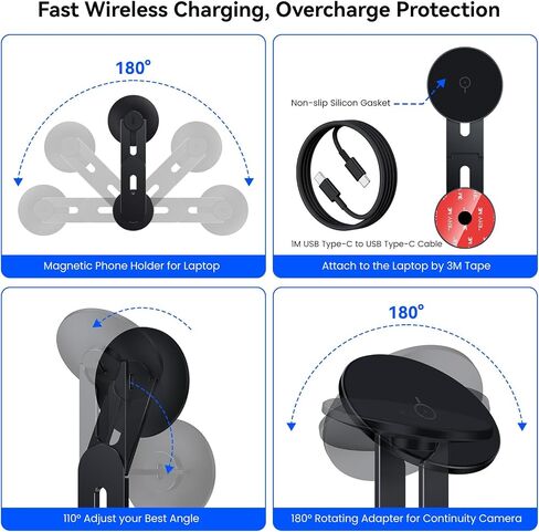 حامل هاتف الكمبيوتر المحمول ، حامل الهاتف المغناطيسي 15 واط ، شاحن لاسلكي سريع سريع لـ Magsafe لـ iPhone 16/15/14/13/12 وجميع الهواتف لـ Tesla ، حامل جانب الكمبيوتر القابل للتعديل 180 درجة (Silver) in Kuwait