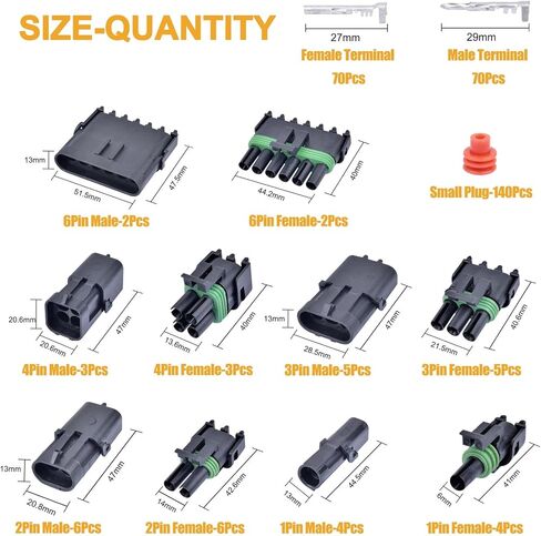 VIGRUE Waterproof Automotive Electrical Wire Connector, 1/2/3/4/6 Pin Male and Female Plug Kit, 301Pcs 20 Kit 18-14 AWG Pin Connectors in Kuwait