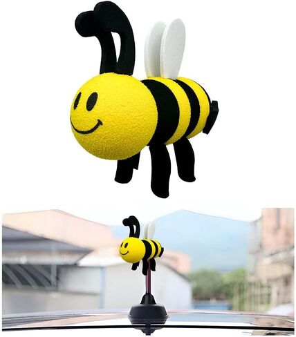 Bee Car Antenna Topper, Happy Smiley Bee Antenna Ball Funny Automotive Roof Decoration, Cute Bumble Bee Aerial Ball Toppers Lovely Auto Accessory for Most Vehicles (White) in Kuwait