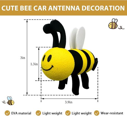 Bee Car Antenna Topper, Happy Smiley Bee Antenna Ball Funny Automotive Roof Decoration, Cute Bumble Bee Aerial Ball Toppers Lovely Auto Accessory for Most Vehicles (White) in Kuwait