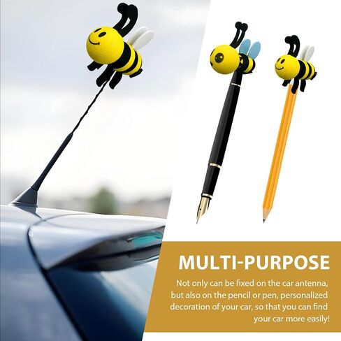 Bee Car Antenna Topper, Happy Smiley Bee Antenna Ball Funny Automotive Roof Decoration, Cute Bumble Bee Aerial Ball Toppers Lovely Auto Accessory for Most Vehicles (White) in Kuwait