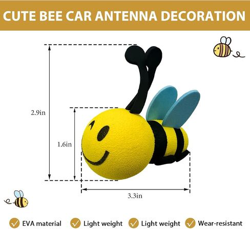 Bee Car Antenna Topper, Happy Smiley Bee Antenna Ball Funny Automotive Roof Decoration, Cute Bumble Bee Aerial Ball Toppers Lovely Auto Accessory for Most Vehicles (White) in Kuwait