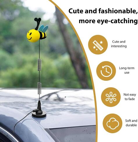 Bee Car Antenna Topper, Happy Smiley Bee Antenna Ball Funny Automotive Roof Decoration, Cute Bumble Bee Aerial Ball Toppers Lovely Auto Accessory for Most Vehicles (White) in Kuwait