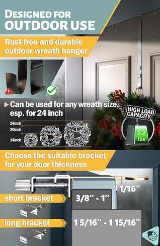 Menz Adjustable Wreath Door Hanger 19" Black Over The Door Wreath Hanger for Front Door Non-Scratch Decoration Holder 22 LB for Christmas, Hook for Decorative Glass Window Door Easy Store Halloween in Saudi Arabia
