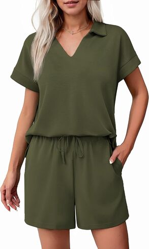 PINSPARK 2 Piece Sets for Women Summer Lounge Sets Short Sleeve Sweatsuit V-neck Tops and Drawstring Shorts Outfits Tracksuit in Saudi Arabia