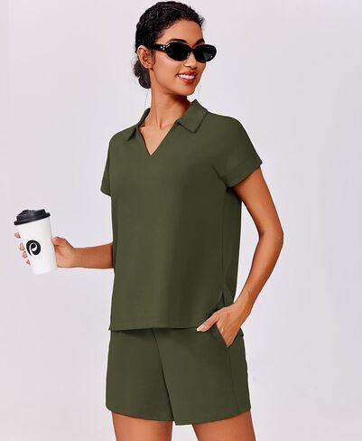 PINSPARK 2 Piece Sets for Women Summer Lounge Sets Short Sleeve Sweatsuit V-neck Tops and Drawstring Shorts Outfits Tracksuit in Saudi Arabia