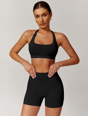 ABOCIW Workout Sets for Women 2 Piece seamless Halter Sports Bra Scrunch Butt Impact Shorts Gym Yoga Outfits in Saudi Arabia