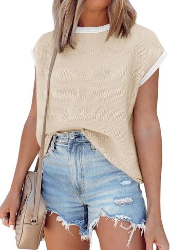 Saodimallsu Womens Summer Cap Sleeve Knit Tops Casual Sleeveless Sweater Vest Crew Neck Color Block 2025 Trendy Tank Top in Kuwait