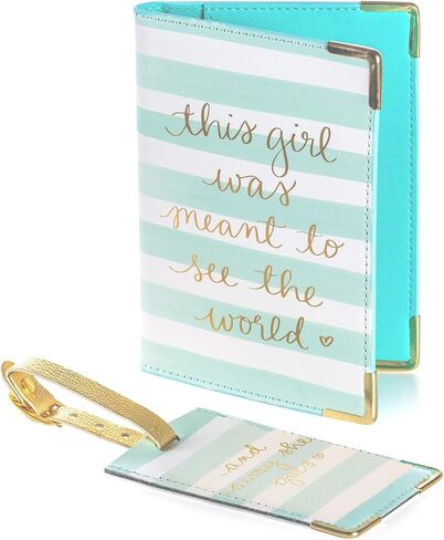 Eccolo Travel Passport Cover Holder ومجموعة علامة الأمتعة ، حامل البطاقة وجوازات السفر للنساء ، هدايا معبأة ، "كانت هذه الفتاة رؤية العالم" (Mint ، 5.5 × 4 بوصة) in Kuwait