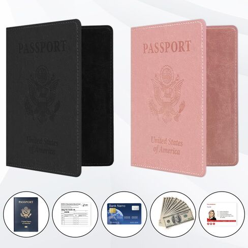 2 Pack Passport Holder for Travel, Passport Cover for Women Men, Leather Passport Holder Book Cover Case Bag Wallet Travel Document Holder Cruise Ship Study Abroad Essentials Must Haves(Black+Rose) in Kuwait
