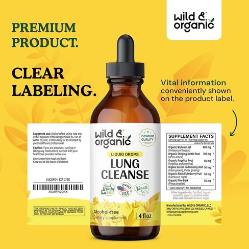 Wild & Organic Lung Cleanse Detox Tincture - Mullein Drops for Lungs - Herbal Mullein Extract Supplement - Vegan, Alcohol-Free Drops - 4 fl oz in Saudi Arabia