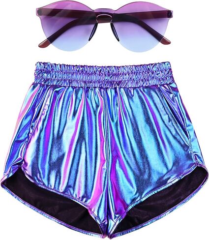 Mirawise Women's Metallic Shorts Summer Yoga Hot Shiny Sparkly Outfit Short Pants with Sunglasses in Saudi Arabia