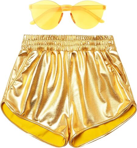 Mirawise Women's Metallic Shorts Summer Yoga Hot Shiny Sparkly Outfit Short Pants with Sunglasses in Saudi Arabia