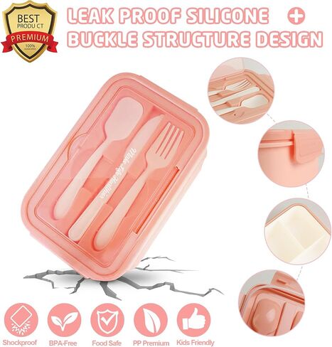 Bento Lunch Box for Kids, Lunch Box Leak-proof for Girls Boys Adults Teens School, Lunch Containers Durable with Lunch Bag, Cup, Spoon, Forks, Dishcloth (Pink Set) in Saudi Arabia