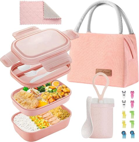 Bento Lunch Box for Kids ، Fink Box Problaring for Girls Boy Boy Teens School ، حاويات الغداء المتينة مع حقيبة الغداء ، كوب ، ملعقة ، شوكات ، صناديق (مجموعة وردية) in Saudi Arabia