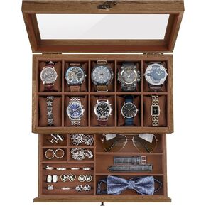 Watch Box with 10 Slots, 2-Tier Watch Case for Large Dial Watches, Watch Display Case with Lid, Removable Watch Pillows, Gifts for Men Women, Watch Organizer with Drawer, Jewelry Box, Walnut