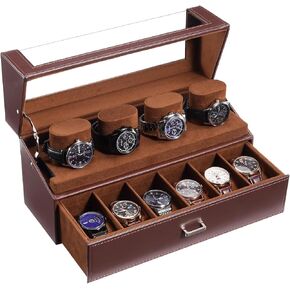 ProCase Watch Case for Men, 10 Slot Watch Display Stand with Acrylic Lid, Watch Display Case with Drawer, 2-Layer Mens Watch Box, Watch Holder Organizer for Men Women -Espresso