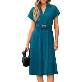 Newshows Women Button Down Tailored Fitted Shift Dress Free Wrinkle Wear to Work Business Casual Outfits Midi Office Clothes