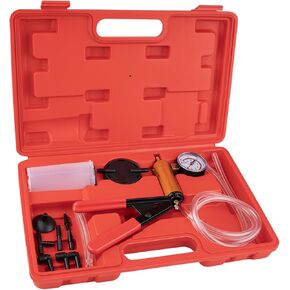 Brake Bleeder Vacuum Pump Kit – Hand Vacuum Pump with Gauge Adapters, Automotive Brake Fluid Bleeder Kit for Car, Motorcycle, and Truck in Compact Red Case