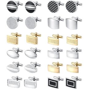 SONNYX 12 Pairs Cufflinks for Men Classic Tone Cuff Links Silver Black Striped Disc Square Rectangle Cuff Links Shirt Suit Men’s Cufflinks for Wedding Groom Business