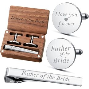 Father of the Bride Gift Father of the Bridegroom Cufflinks Tie Clip Set with Engraved Wood Gift Box for Dad