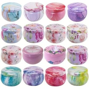 12-Pack 2.5oz Candle Tins with Lids: Marbled, Floral & Starry Sky Designs for Aromatherapy Candle Making, Storage, Small Plant Growing & DIY Gifts
