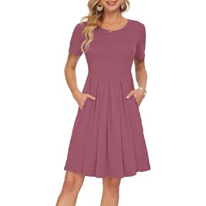 AUSELILY Women's Short Sleeve Summer Dress Pleated Loose Swing Knee Length Dresses with Pockets 2025 New
