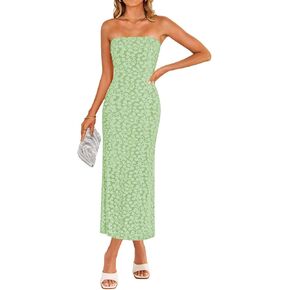 ZESICA Women's 2025 Summer Boho Floral Strapless Bodycon Dress Off Shoulder Tube Beach Party Long Midi Dresses