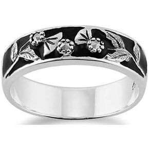Gemondo Sterling Silver 925 Marcasite with Floral Pattern Over Black Enamel Band Ring