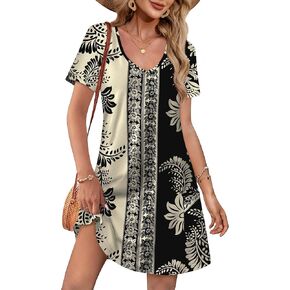 OFEEFAN Summer Dresses for Women 2025 Loose V Neck Short Sleeve Casual T Shirt Dress Sundresses Swimsuit Coverup with Pockets