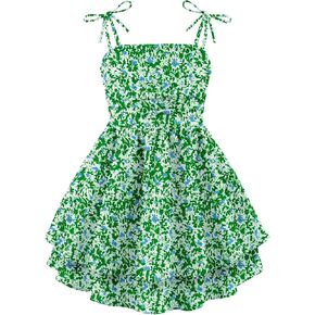 Arshiner Girls Summer Spaghetti Strap Dresses Flowy Tiered Ruched Smocked Back Casual Beach Midi Sundress