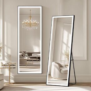 56 × 18 LED مرآة كاملة الطول مع الأضواء - مرآة الغرور الرأسية مثبتة على الحائط لغرفة النوم والحمام ، وإضاءة خلفية كاملة ، سطوع قابل للتعديل