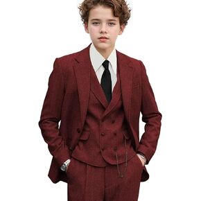3 Piece Boys Tweed Herringbone Suit Retro Slim fit Two Button Suits Jackets Vest Dress Pants for Kid Toddler Wedding