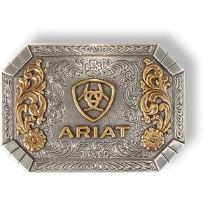 ARIAT Floral Rectangle Belt Buckle - Silver and Gold Western Cowboy Belt Buckle