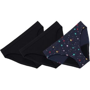 THINX Teens Period Underwear, Bikini-Style Period Panties for Teens, Holds Up to 12 Regular Tampons*, FSA HSA Approved Period Panties, Leakproof & Reusable, (2) Black + (1) Lucky Stars, Size 15/16