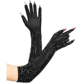 Long Black Sparkly Gloves with Rhinestone Embellishments Red Tips Nails Costume Accessory