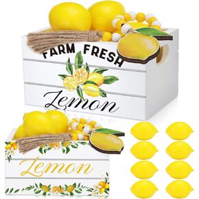 Qunclay Lemon Mini Crate Summer Tier Decore مع 8 Lemons Faux With Bead Tassel Farmhouse Lemonade Decorations Summertime Wood Crate for Party Decor