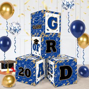 2025 Graduation Decorations Blue and Gold Balloon Boxes Class of 2025 Decor with "GRAD" and"CLASS OF 2025" Letters Grad Boxs for High School and College Graduation Announcements