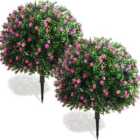 Yunlly Set of 2 Artificial Boxwood Topiary Ball Tree 27 Inch Outdoor Boxwood Balls with Flower Faux Bush, UV Resistance Fake Shrub Plant with Spike for Garden Porch Patio Decor(Pink,18x10inch)