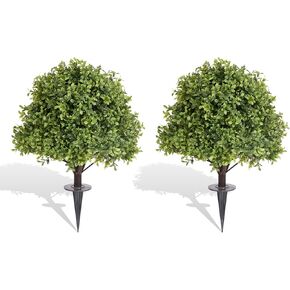27" Artificial Cedar Topiary Ball Bush UV Resistant with Ground Spike, Set of 2 Faux Plants Outdoor Trees for Front Porch, Outside Planter Decor, Realistic Fake Shrubs No Maintenance Curb Appeal