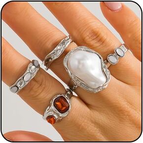Chunky Gold Rings for Women Non Tarnish Statement Flower Ring Baroque Pearl Stackable Rings Set 6Pcs Chunky Jewelry
