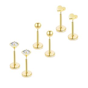 Threadless Flat Back Stud Earrings for Women,14K Gold Surgical Stainless Steel Push In Cartilage Tragus Helix Earrings for Multiple Piercing,Hypoallergenic Titanium Ball CZ Heart Nose Stud Rings